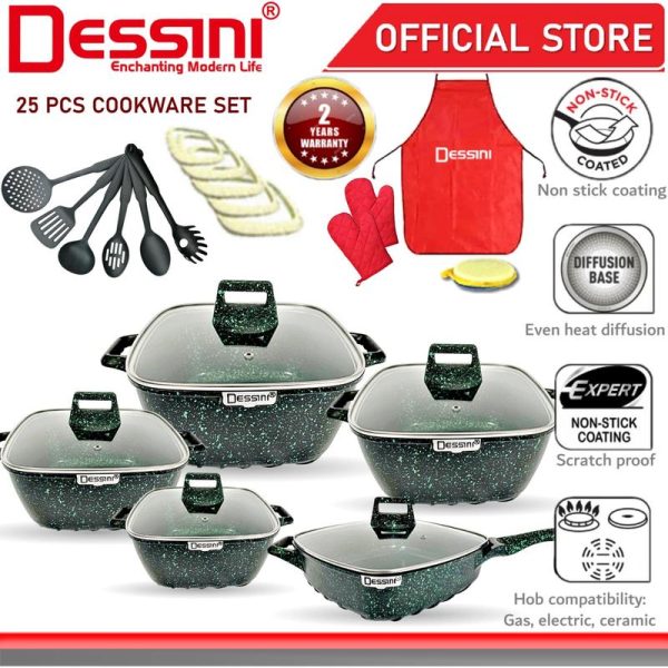 DESSINI ITALY Granite Aluminium Non Stick Casserole Pot Bowl Deep Fry Pan Cookware Tool (25 Pcs)