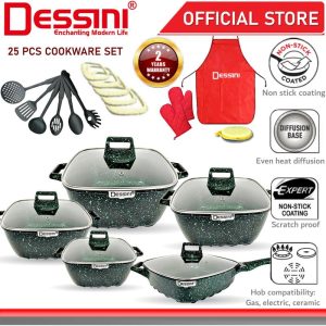 DESSINI ITALY Granite Aluminium Non Stick Casserole Pot Bowl Deep Fry Pan Cookware Tool (25 Pcs)