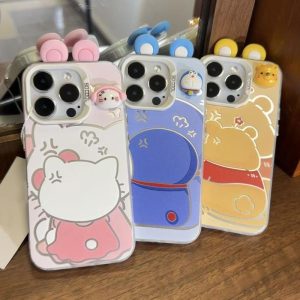 Sarung Telefon Kartun DIY, Reka Bentuk 3D Comel, Sarung IMD Anti Cap Jari, Serasi dengan iPhone 11, 16, 15, 14, 13, 12, Pro, Xs Max, XR, X, 7, 8 Plus, Sarung Telefon Bimbit Bercahaya, Penutup Belakang Pelindung Kalis Kejutan, Sarung Telefon Bimbit