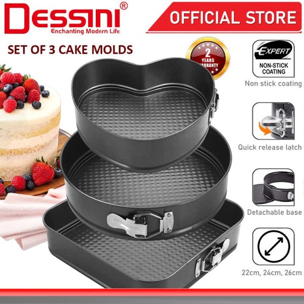 DESSINI ITALY 3 IN 1 Square Round Heart Shape Metal Mold Non Stick Detachable Baking Cake Mould Bake Pan / Acuan Kek