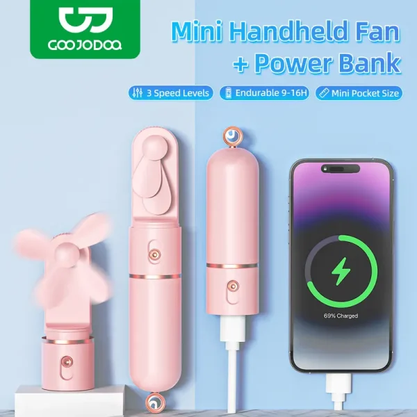 GOOJODOQ 2500 mAh Portable Mini Handheld Fan with Power Bank | 3 Speed Level Adjustable Hidden Blades | Automatically Stop Safe Blades