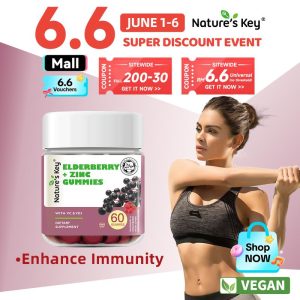 Nature's Key Gummy Elderberry + Zink Membantu meningkatkan imuniti badan, bebas gula & vegan, 60 biji per botol, mengandungi ekstrak elderberry, zink, vitamin D3, dan vitamin C,Sesuai untuk orang dewasa