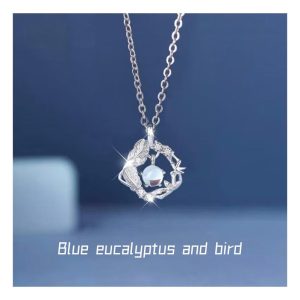 [925 Perak] Kalung Peluh Musim Panas & Barang Kemas Gusi Biru Tahan Kotoran dan Loket Burung dengan Kotak Hadiah Mawar, Kalung Cantik Hypoallergenic untuk Hadiah Wanita (Ulang Tahun/Valentine/Hari Lahir)