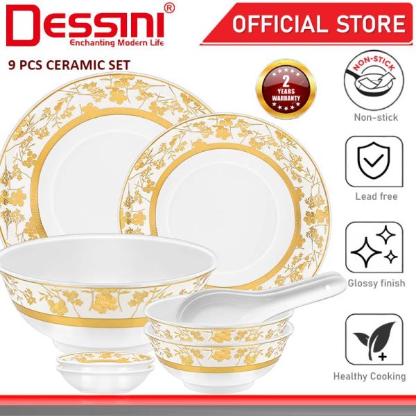 DESSINI ITALY 9 Pcs Ceramic Serving Bowl Plate Dish Spoon Salad Soup Pasta Casserole Pot Dinnerware PINGGAN MANGKUK