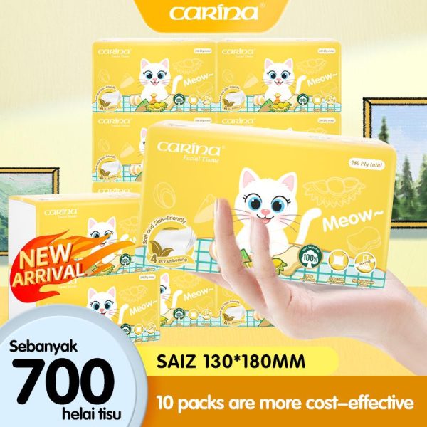 [10 pcs] carina kusyen udara lembut tisu muka kucing kartun comel 4 lapisan 10 pek setiap kotak 280 helai * 10packs 130mm*180mm