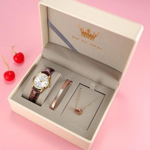 Olevs Jam Tangan Wanita Kalis Air dengan Paparan Tarikh Gaya Perniagaan Tali Kulit Coklat Pergerakan Kuarza Fesyen Berkilau 6898 Watches