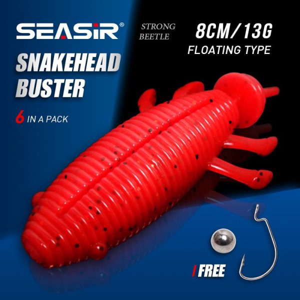 Gewang pancing cacing lembut silikon tiruan SeaSir, 8cm, 13g, umpan Wobbler Buster kepala ular, set 6 keping, hadiah percuma, 6 keping, cangkuk dan bola, umpan lembut air masin