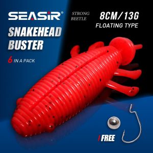 Gewang pancing cacing lembut silikon tiruan SeaSir, 8cm, 13g, umpan Wobbler Buster kepala ular, set 6 keping, hadiah percuma, 6 keping, cangkuk dan bola, umpan lembut air masin