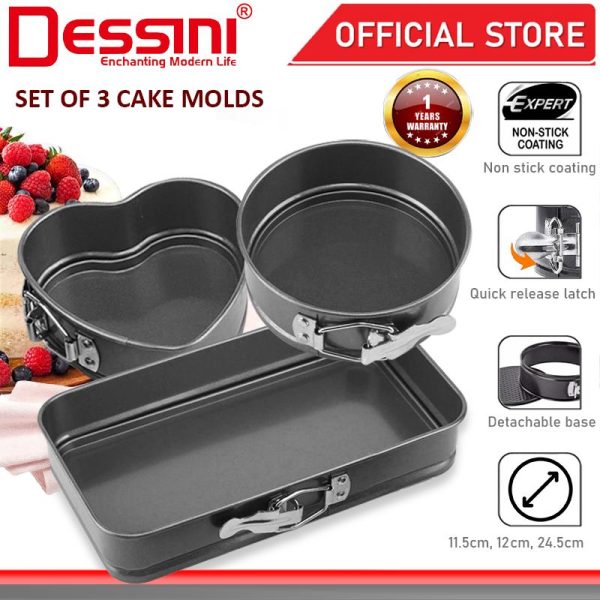 DESSINI ITALY 3 IN 1 Rectangle Round Heart Shape Metal Mold Non Stick Detachable Baking Cake Mould Bake Pan Acuan Kek
