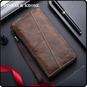 Dompet Lelaki, Gaya Panjang, Dompet Klac, Pemegang Kad, Poket Zip Tukar, Poket Telefon Bimbit, Kapasiti Besar, Diperbuat daripada Kulit PU, Fesyen Retro, dengan Gelang Tangan Boleh Tanggal, Serbaguna