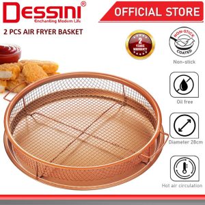 DESSINI ITALY 2 Pcs Copper Crispy Mesh Tray Air Fryer Oven Non-Stick Baking Grill Deep Basket Oil Drainer Cooling Rack