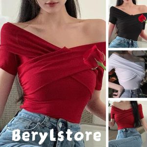 Beryl 【tshirt perempuan】 【READY STOCK AT JOHOR】Women's T-shirt sexy off-the-shoulder top Chic and sexy design latest fashion