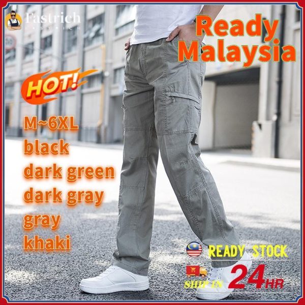 {Ready Malaysia}Fastrich-Seluar Kargo, Saiz Besar Lelaki, Kaki Lurus, Seluar Kerja, Longgar, Diperbuat daripada Kapas, Sesuai untuk Musim Panas, Overall Lebar, Poket Sisi Lelaki, Berbilang Poket, Saiz Besar