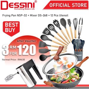 DESSINI ITALY 32cm Marble Stone Induction Casserole Frying Pan Bowl Kuali Periuk + Electric Hand Mixer Egg Beater Whisk Pengadun Bancuh Telur + 12 Pcs Silicone Utensil Spatula Spoon Senduk
