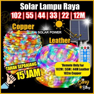 【Bing Bling】Lampu Raya Solar Viral 8 Modes 102|55|44|33|22|12M Leather | Copper Wire Outdoor Waterproof Lampu Lip Lap Klip Kelip Kelip2 Warna Warni Fairy String Colour Light Lighting Taman Hiasan Decoration Garden Lights RGB Purple Blue Green Warm White