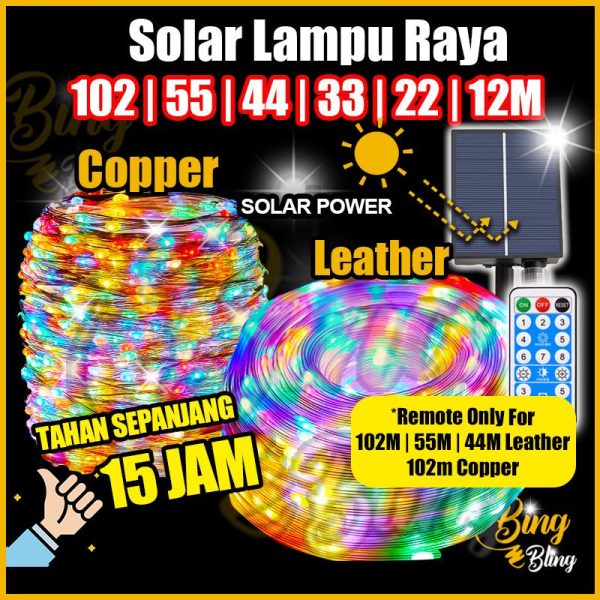 【Bing Bling】Lampu Raya Solar Viral 8 Modes 102|55|44|33|22|12M Leather | Copper Wire Outdoor Waterproof Lampu Lip Lap Klip Kelip Kelip2 Warna Warni Fairy String Colour Light Lighting Taman Hiasan Decoration Garden Lights RGB Purple Blue Green Warm White