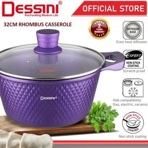 DESSINI ITALY 32CM Rhombus Casserole Die Cast Aluminium Non Stick Pot Bowl Pan Cookware Tool with Cover Periuk