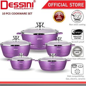 DESSINI ITALY Granite Aluminium Non Stick Casserole Pot Bowl Deep Fry Pan Cookware Tool (10 Pcs)