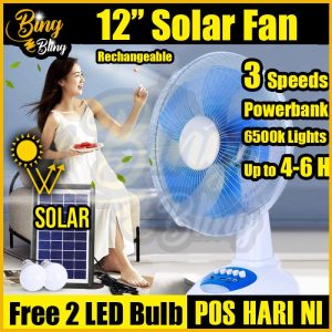 【Bing Bling】12''16'' Solar Fan Portable Rechargeable Long Battery Life Large Wind Kipas Outdoor Camping Rumah Asrama Home Room