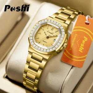 Jam Tangan Wanita, POSHI, Asli, Kalis Air, Keluli Tahan Karat, Reka Bentuk Berlian Mewah, Fesyen, Jam Tangan Kuarza Kasual, Berkilau, dengan Kalendar, Sesuai sebagai Hadiah, Termasuk Kotak Hadiah, [Hadiah]