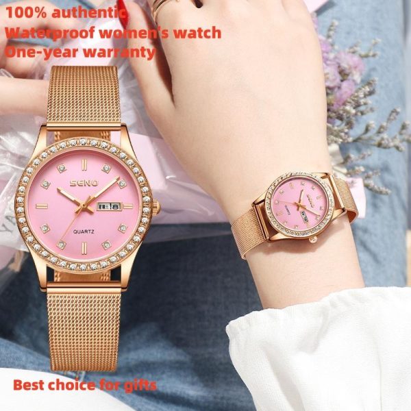 [SENO] One-year warranty waterproof women's watch, original full diamond dial, luxury diamond design, dual calendar gold luxury fashion women's watch, Korean version luminous automatic analog quartz watch, the best gift for women.