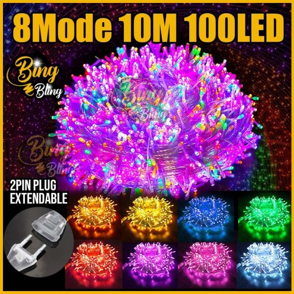 [BingBling] 2 Pin Plug Extension - 100M | 50M | 20M | 10M | 8Modes | Boleh Sambung² | 2025 Lampu Raya Viral Lampu Lip Lap Outdoor Waterproof Lampu Kelip Kelip² Panjang Klip Klip² Fairy Light Decoration Deco Lampu Hiasan Lighting Birthday Party Wedding