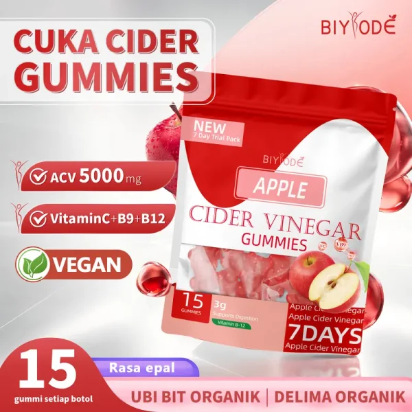 BIYODE Apple Cider Vinegar Gummies 5000 mg Vitamin B9 Vitamin B12 Food Supplement 15 Gummies Vegan Apple Flavor Mudah Alih untuk Dimakan