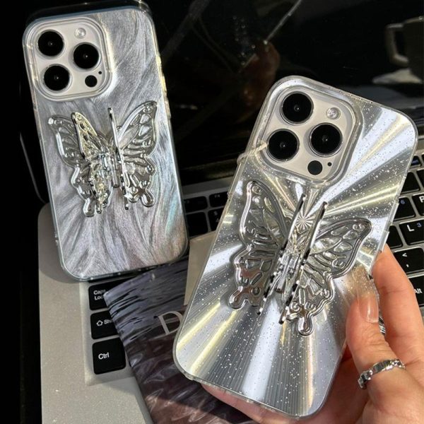 Sarung Telefon Rama-rama Berkilauan,Reka Bentuk Mewah,Serasi dengan iPhone 11,15,14,13,12,Pro,Xs Max,XR,X,7,8 Plus,IMD Korea Ins,Anti-cap jari,Sarung Telefon Bimbit Bling,Penutup Belakang Pelindung Kalis Kejutan,Sesuai untuk Telefon Bimbit