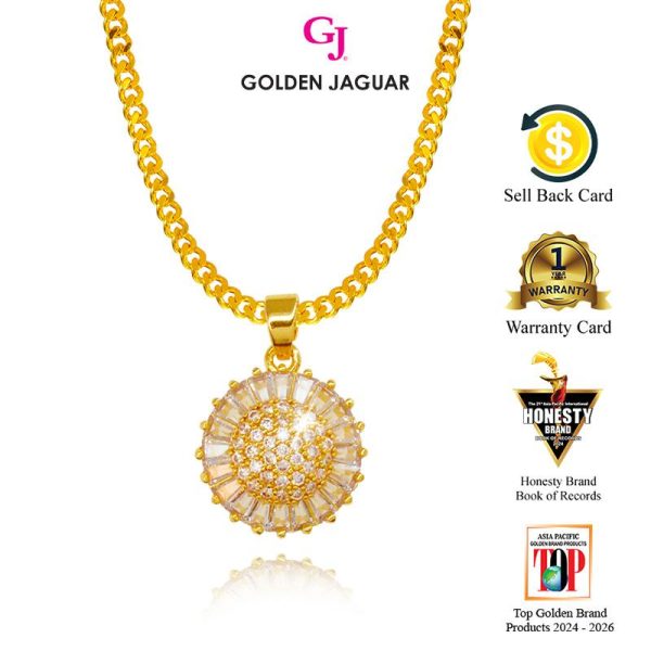 Emas Jaguar (8.77 g) GJ Rantai Leher Necklace Papan + Loket Pendant Bunga Matahari 24K Gold Plated (416500201+SF716)