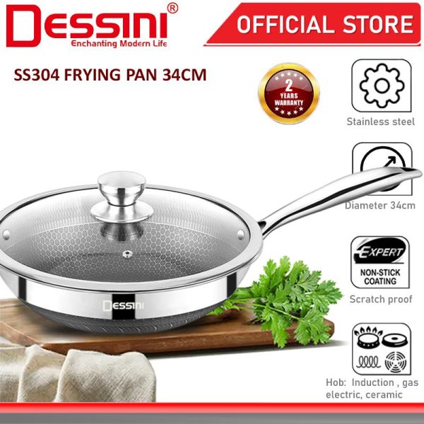 DESSINI ITALY 34CM Honeycomb SUS304 Stainless Steel Frying Wok Pan Induction Pot Casserole Bowl Cookware Kuali PERIUK