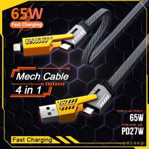 4 in 1 Cable USB A Type-C Dual Connector Lighting Nylon Braided PD 65W 27W Fast Charging for iPhone Android Accessories Alloy