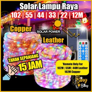【Bing Bling】Lampu Raya Solar 8Modes 102 | 55 | 44 | 33 | 22 | 12M Leather | CopperWire Outdoor Waterproof Lampu Lip Lap Klip Kelip Kelip2 Warna Warni Fairy String Colour Light Lighting Taman Hiasan Decoration Garden Lights RGB Purple Blue Green Warm White