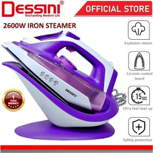 DESSINI ITALY Wireless Electric Ceramic Soleplate Garment Steam Iron Sprayer Steamer Clothes Brush Seterika Baju (2600W)