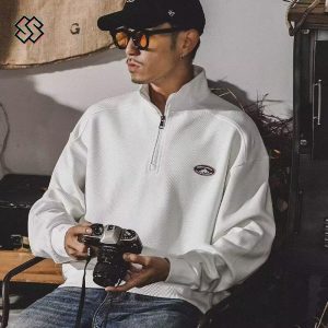 Kemeja Polo Lelaki, X-Fesyen, Kolar Separuh Zip, Baju Sweat Amerika Fesyen, Jaket Kapas Musim Luruh, Hitam dan Putih, Gaya Muda, HOUCH J850