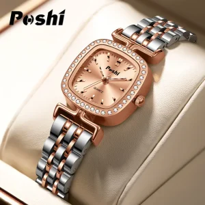 Jam Tangan Mewah untuk Wanita, POSHI, Fesyen Persegi Elegan Korea, Jam Tangan Wanita, Asli, Kalis Air, Chronograph, Pergerakan Kuarza, Jam Tangan Wanita, Dengan Kotak
