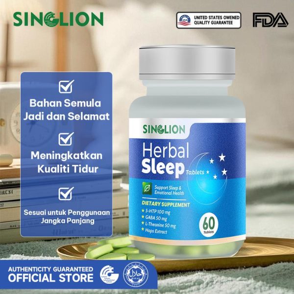 【Official】 Singlion Halal Tablet Tidur Herba, Tidur Nyenyak Semulajadi, Formula Berasaskan Tumbuhan 100%, Untuk Tidur Lebih Nyenyak, Melegakan Tekanan dan Relaksasi, 60 Kapsul, Rasmi