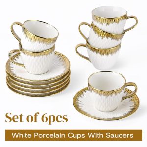 Set Kopi Potem Emas Mewah, 6 Keping Cawan & Piring, China Tulang Elegan, untuk Pesta Rumah, Hadiah, Masa Teh, 220ml, [COD] + Gantian Percuma
