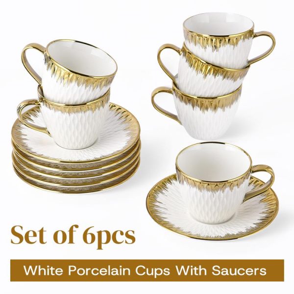 Set Kopi Potem Emas Mewah, 6 Keping Cawan & Piring, China Tulang Elegan, untuk Pesta Rumah, Hadiah, Masa Teh, 220ml, [COD] + Gantian Percuma