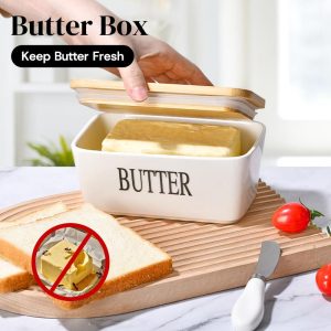 Kotak Penyimpan Mentega, Gaya Nordic, Kedap Udara, dengan Pisau dan Penutup Kayu, Bekas Penyimpanan Keju, Penyusun Pembakar Dapur, Sarung Penyimpanan Makanan, Penghantaran Tempatan, [COD + Gantian Percuma]