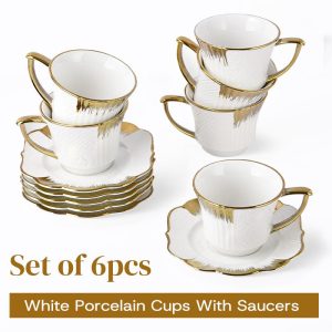 Set Cawan dan Piring Teh Putih, Espresso, Set 6pcs, Diperbuat daripada Porselin, Reka Bentuk Potongan Emas, Sesuai untuk Majlis Teh, Rumah dan Kafe, Kapasiti 200ml, [COD] + Penggantian Percuma, [COD]