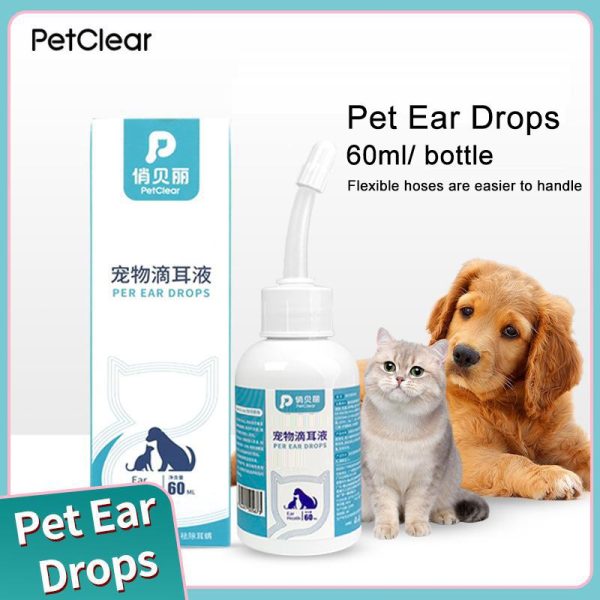 Pembersih Telinga Haiwan Peliharaan, untuk Anjing dan Kucing, dengan Aplikator Boleh Dibengkokkan, Titis Telinga Haiwan Peliharaan, Menghilangkan Bau Telinga, Kotoran dan Kerikil, 60ml