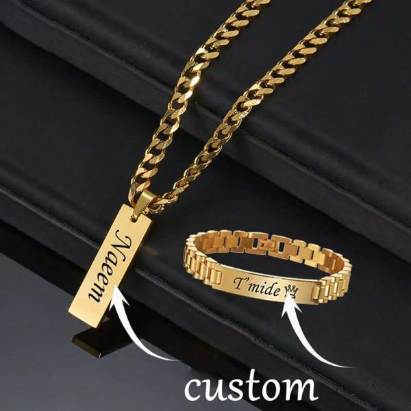 Set Gelang dan Kalung Lelaki, Fesyen, Diperbuat daripada Keluli Tahan Karat, Diperibadikan, Sesuai untuk Dipakai Harian, Pilihan Hadiah Ideal, Bergaya dan Vintaj, Warna Emas