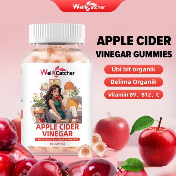 Wellcatcher Apple Cider Vinegar Gummies 5000mg setiap hidangan Vitamin B9 Vitamin B12 Dua biji sehari, boleh bertahan selama satu bulan
