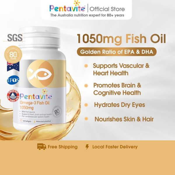 Pentavite Minyak Ikan Omega-3 1050mg Sokongan Jantung, Otak & Mata Nisbah Emas EPA & DHA  30-120 softgels | Omega-3 Fish Oil, Heart, Brain & Eye Support, softgels