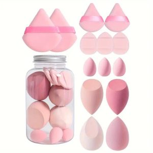 Set 14 Keping Botol Hanyut Tin Span Solek Puff Span Ultra-Lembut Serbuk Sesuai untuk Penggunaan Kering dan Basah Span Solek Kosmetik Telur Solek Kosmetik Span Makeup