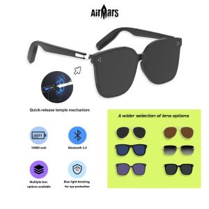 Cermin Mata Pintar Bluetooth 5.4, Airmars DG8, Kuil Boleh Ditanggalkan, Kanta Boleh Tukar, Kawalan Sentuh, Perlindungan Cahaya Biru