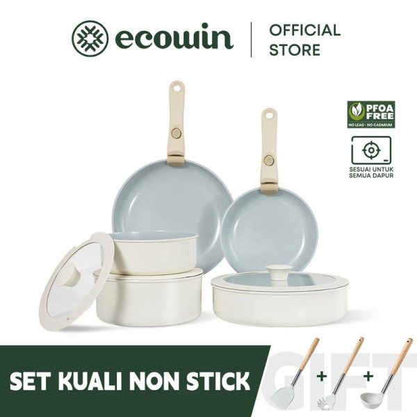 ECOWIN Set Alat Memasak 12 Keping Pemegang Boleh Ditanggalkan Kuali Tidak Melekat Salutan Batu Seramik Bebas PFAS dan PTFE Kitchenware Cookware