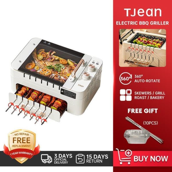 Lidi Barbeku Elektrik, TJean, Pelbagai fungsi, Isi Rumah, Tanpa Asap, Sesuai untuk BBQ, Tersedia dalam Warna Putih dan Biru