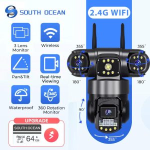 South Ocean CCTV Outdoor 12MP Three Lens 360° Monitoring Wireless IP66 Waterproof Night Vision WiFi 4G Sim Card Camera