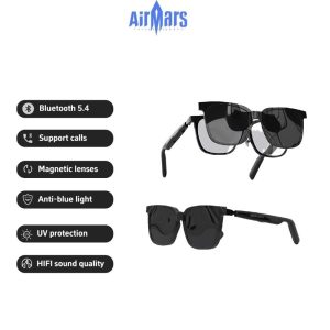Cermin Mata Bluetooth Pintar, Airmars SG18pro, Dua-dalam-satu, Cermin Mata Hitam Magnetik, Cermin Mata Audio, untuk Mendengar Muzik dan Membuat Panggilan Telefon, Teknologi Fesyen, Anti-ultraviolet dan Anti-Cahaya Biru